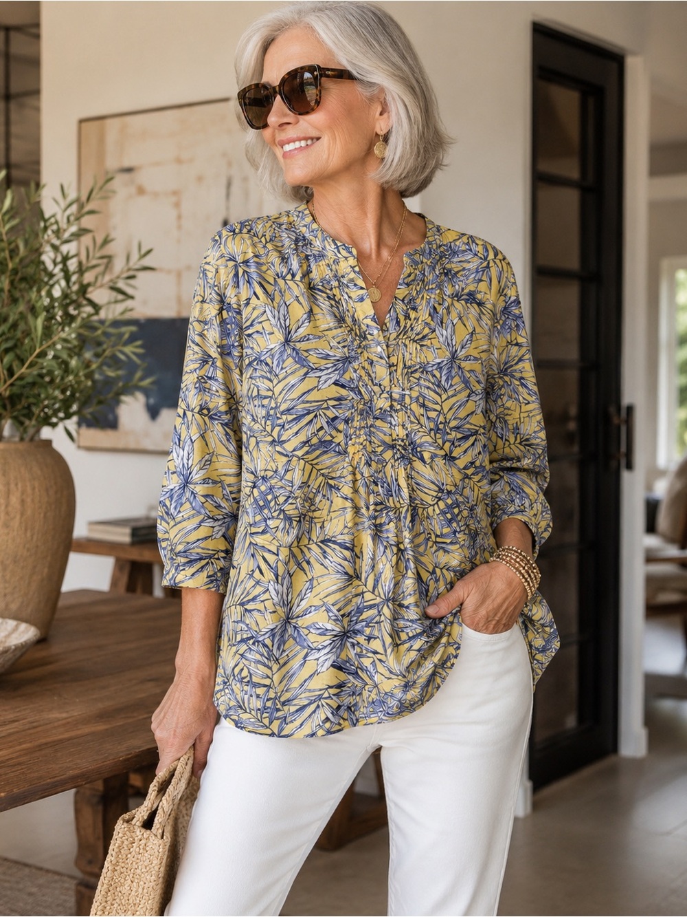 Land & Sea size Lg Cool Coastal Grandma Yellow and Blue flowy & says good credit